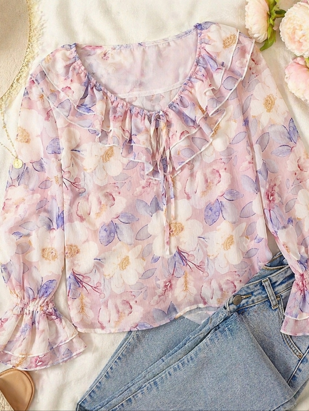 Dazy Sheer Floral Ruffle Blouse Cottagecore Bell Sleeve Top S